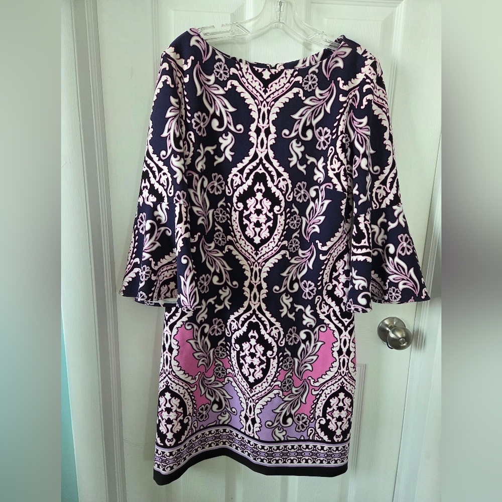 Bell Sleeve A Line Floral Geometric Print Dress